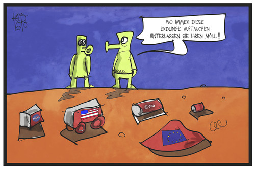 Cartoon: Müll auf dem Mars (medium) by Kostas Koufogiorgos tagged esa,exomars,cartoon,illustration,koufogiorgos,karikatur,erde,müll,raumfahrt,marsmännchen,mars,schiaparelli,landeroboter,mission,erdling,karikatur,koufogiorgos,illustration,cartoon,exomars,esa,schiaparelli,mars,marsmännchen,raumfahrt,müll,erde,erdling,mission,landeroboter