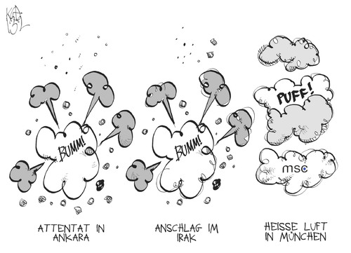 Cartoon: Münchner Sicherheitskonferenz (medium) by Kostas Koufogiorgos tagged münchen,sicherheitskonferenz,irak,ankara,türkei,attentat,anschlag,bombe,luft,karikatur,kostas,koufogiorgos,münchen,sicherheitskonferenz,irak,ankara,türkei,attentat,anschlag,bombe,luft,karikatur,kostas,koufogiorgos