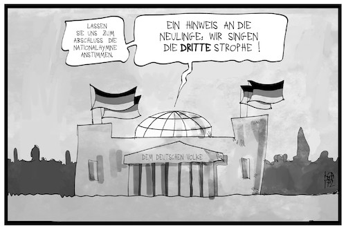 Cartoon: Nationalhymne (medium) by Kostas Koufogiorgos tagged karikatur,koufogiorgos,illustration,cartoon,nationalhymne,bundestag,reichstag,strophe,afd,geschichte,deutschlandlied,partei,politik,bundespräsidentenwahl,karikatur,koufogiorgos,illustration,cartoon,nationalhymne,bundestag,reichstag,strophe,afd,geschichte,deutschlandlied,partei,politik,bundespräsidentenwahl