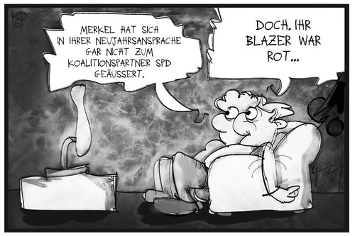 Cartoon: Neujahrsansprache (medium) by Kostas Koufogiorgos tagged karikatur,koufogiorgos,illustration,cartoon,merkel,neujahrsansprache,spd,koalition,groko,partner,politik,fernsehen,zuschauer,fernseher,regierung,karikatur,koufogiorgos,illustration,cartoon,merkel,neujahrsansprache,spd,koalition,groko,partner,politik,fernsehen,zuschauer,fernseher,regierung