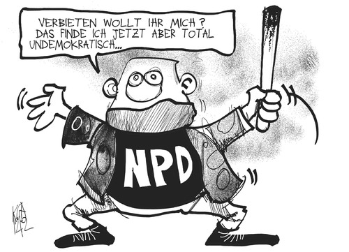 Cartoon: NPD-Verbot (medium) by Kostas Koufogiorgos tagged npd,verbot,partei,rechtsextremismus,radikalismus,skinhead,demokratie,gewalt,karikatur,kostas,koufogiorgos,npd,verbot,partei,rechtsextremismus,radikalismus,skinhead,demokratie,gewalt,karikatur,kostas,koufogiorgos