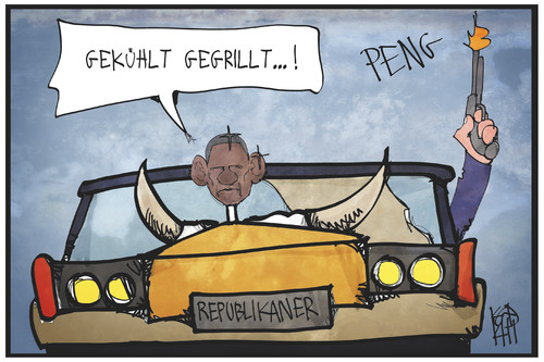 Cartoon: Obama auf dem Kühlergrill (medium) by Kostas Koufogiorgos tagged karikatur,koufogiorgos,illustration,cartoon,obama,auto,kühlergrill,usa,politik,wahl,republikaner,karikatur,koufogiorgos,illustration,cartoon,obama,auto,kühlergrill,usa,politik,wahl,republikaner