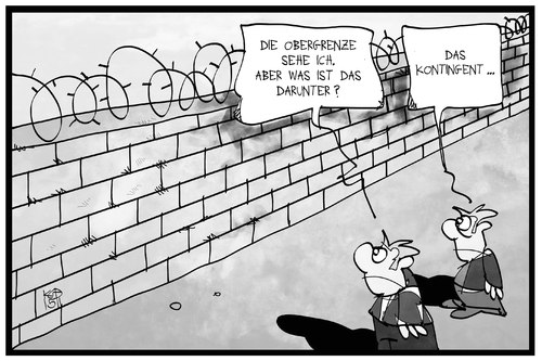 Cartoon: Obergrenze und Kontingent (medium) by Kostas Koufogiorgos tagged karikatur,koufogiorgos,illustration,cartoon,obergrenze,kontingent,mauer,flüchtlingskrise,grenze,abschottung,begrifflichkeit,stacheldraht,politik,karikatur,koufogiorgos,illustration,cartoon,obergrenze,kontingent,mauer,flüchtlingskrise,grenze,abschottung,begrifflichkeit,stacheldraht,politik