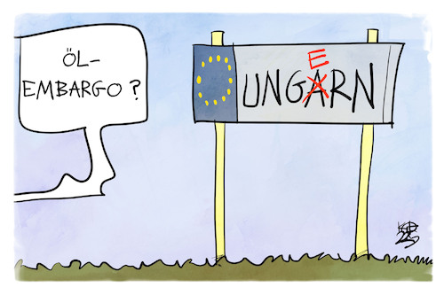 Cartoon: Ölembargo nur ungern (medium) by Kostas Koufogiorgos tagged karikatur,koufogiorgos,ungarn,ungern,ölembargo,eu,europa,sanktionen,russland,karikatur,koufogiorgos,ungarn,ungern,ölembargo,eu,europa,sanktionen,russland