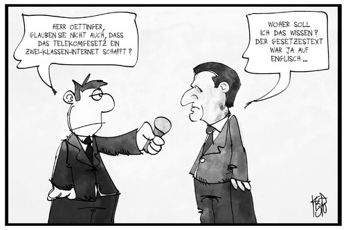 Cartoon: Oettingers Telekomgesetz (medium) by Kostas Koufogiorgos tagged karikatur,koufogiorgos,illustration,cartoon,netzneutralität,günther,oettinger,eu,europa,englisch,digital,kommissar,politik,reporter,interview,medien,karikatur,koufogiorgos,illustration,cartoon,netzneutralität,günther,oettinger,eu,europa,englisch,digital,kommissar,politik,reporter,interview,medien