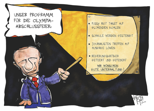 Cartoon: Olympia-Abschlussfeier (medium) by Kostas Koufogiorgos tagged karikatur,koufogiorgos,cartoon,putin,olympia,sotschi,abschlussfeier,sport,politik,regierung,kritik,gegner,pussy,riot,schwule,homosexuelle,show,unterhaltung,programm,karikatur,koufogiorgos,cartoon,putin,olympia,sotschi,abschlussfeier,sport,politik,regierung,kritik,gegner,pussy,riot,schwule,homosexuelle,show,unterhaltung,programm