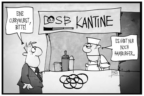 Cartoon: Olympische Spiel in Hamburg (medium) by Kostas Koufogiorgos tagged sport,spiele,olympische,dosb,berlin,currywurst,imbiss,kantine,hamburg,hamburger,olympia,cartoon,illustration,koufogiorgos,karikatur,koufogiorgos