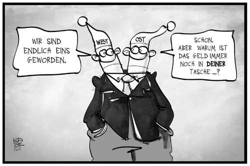 Cartoon: Ost und West (medium) by Kostas Koufogiorgos tagged karikatur,koufogiorgos,cartoon,illustration,ost,west,michel,deutschland,wiedervereinigung,einheit,geld,gleich,ungleich,gerechtigkeit,politik,gesellschaft,karikatur,koufogiorgos,cartoon,illustration,ost,west,michel,deutschland,wiedervereinigung,einheit,geld,gleich,ungleich,gerechtigkeit,politik,gesellschaft