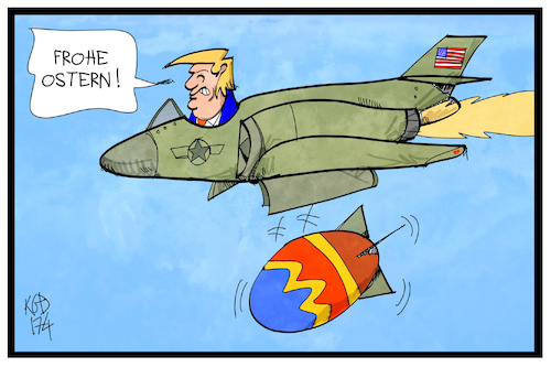 Cartoon: Ostern mit Trump (medium) by Kostas Koufogiorgos tagged karikatur,koufogiorgos,illustration,cartoon,trump,bombe,bombardierung,moab,ostern,osterei,kampfflieger,flugzeug,krieg,konflikt,usa,karikatur,koufogiorgos,illustration,cartoon,trump,bombe,bombardierung,moab,ostern,osterei,kampfflieger,flugzeug,krieg,konflikt,usa