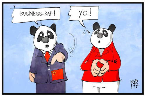 Cartoon: Panda-Politik (medium) by Kostas Koufogiorgos tagged karikatur,koufogiorgos,illustration,cartoon,xi,merkel,panda,cro,maske,zoo,berlin,schätzchen,träumchen,bilateral,china,deutschland,politik,business,rap,musik,karikatur,koufogiorgos,illustration,cartoon,xi,merkel,panda,cro,maske,zoo,berlin,schätzchen,träumchen,bilateral,china,deutschland,politik,business,rap,musik