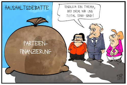 Cartoon: Parteienfinanzierung (medium) by Kostas Koufogiorgos tagged karikatur,koufogiorgos,illustration,cartoon,parteienfinanzierung,partei,geld,einigkeit,groko,koalition,spd,cdu,csu,geldsack,politik,haushalt,karikatur,koufogiorgos,illustration,cartoon,parteienfinanzierung,partei,geld,einigkeit,groko,koalition,spd,cdu,csu,geldsack,politik,haushalt