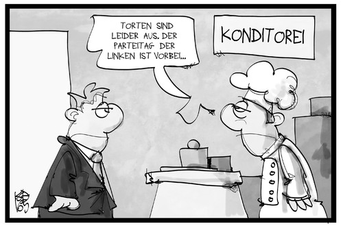 Cartoon: Parteitag die Linke (medium) by Kostas Koufogiorgos tagged karikatur,koufogiorgos,illustration,cartoon,linke,parteitag,torte,konditor,kunde,geschäft,konditorei,tortenattacke,wagenknecht,magdeburg,politik,karikatur,koufogiorgos,illustration,cartoon,linke,parteitag,torte,konditor,kunde,geschäft,konditorei,tortenattacke,wagenknecht,magdeburg,politik