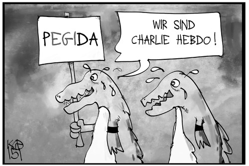 Cartoon: PEGIDA in Trauer (medium) by Kostas Koufogiorgos tagged politik,populismus,demonstration,krokodilstränen,krokodil,pegida,hebdo,charlie,cartoon,illustration,koufogiorgos,karikatur,karikatur,koufogiorgos,illustration,cartoon,charlie,hebdo,pegida,krokodil,krokodilstränen,demonstration,populismus,politik