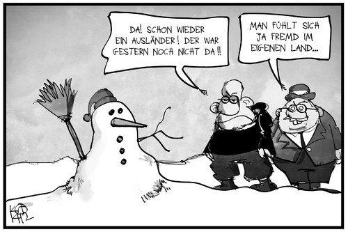 Cartoon: Pegida vs. Schneemann (medium) by Kostas Koufogiorgos tagged karikatur,koufogiorgos,illustration,cartoon,pegida,ausländer,schneemann,fremd,deutschland,winter,schnee,ausländerfeindlichkeit,karikatur,koufogiorgos,illustration,cartoon,pegida,ausländer,schneemann,fremd,deutschland,winter,schnee,ausländerfeindlichkeit