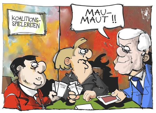 Cartoon: PKW-Maut (medium) by Kostas Koufogiorgos tagged seehofer,merkel,gabriel,mau,maut,kartenspiel,pkw,verkehr,csu,cdu,spd,koalition,regierung,karikatur,koufogiorgos,seehofer,merkel,gabriel,mau,maut,kartenspiel,pkw,verkehr,csu,cdu,spd,koalition,regierung,karikatur,koufogiorgos