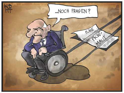 Cartoon: PKW-Maut (medium) by Kostas Koufogiorgos tagged karikatur,koufogiorgos,illustration,cartoon,schaeuble,rollstuhl,pkw,maut,verkehr,gebühr,abgabe,finanzminister,politik,karikatur,koufogiorgos,illustration,cartoon,schaeuble,rollstuhl,pkw,maut,verkehr,gebühr,abgabe,finanzminister,politik