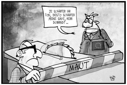 Cartoon: PKW-Maut (medium) by Kostas Koufogiorgos tagged karikatur,koufogiorgos,illustration,cartoon,dobrindt,europa,eu,politiker,politik,maut,säge,scharf,schärfen,zersägen,zerteilen,schranke,abgabe,gebühr,verkehr,karikatur,koufogiorgos,illustration,cartoon,dobrindt,europa,eu,politiker,politik,maut,säge,scharf,schärfen,zersägen,zerteilen,schranke,abgabe,gebühr,verkehr