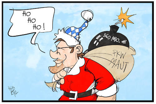 Cartoon: PKW-Maut (medium) by Kostas Koufogiorgos tagged karikatur,koufogiorgos,illustration,cartoon,scheuer,maut,pkw,betreiber,schadensersatz,weihnachtsamenn,geschenk,sack,bombe,geld,steuern,karikatur,koufogiorgos,illustration,cartoon,scheuer,maut,pkw,betreiber,schadensersatz,weihnachtsamenn,geschenk,sack,bombe,geld,steuern