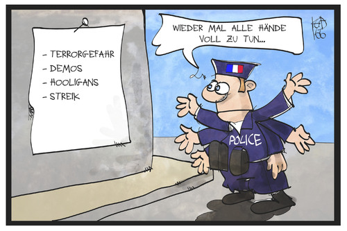 Cartoon: Polizei Frankreich (medium) by Kostas Koufogiorgos tagged karikatur,koufogiorgos,illustration,cartoon,polizei,bedrohung,arbeit,hände,terrorismus,terrorgefahr,sicherheit,demos,hooligans,gewalt,frankreich,gendarmerie,überforderung,karikatur,koufogiorgos,illustration,cartoon,polizei,bedrohung,arbeit,hände,terrorismus,terrorgefahr,sicherheit,demos,hooligans,gewalt,frankreich,gendarmerie,überforderung