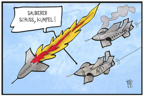 Cartoon: Pressefreiheit (medium) by Kostas Koufogiorgos tagged karikatur,koufogiorgos,illustration,cartoon,tuerkei,pressefreiheit,flugzeug,abschuss,afd,karikatur,koufogiorgos,illustration,cartoon,tuerkei,pressefreiheit,flugzeug,abschuss,afd