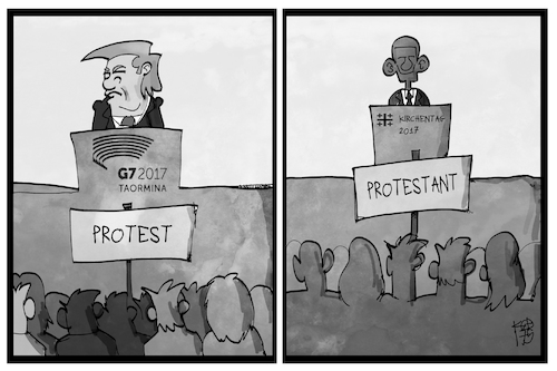 Cartoon: Protestler und Protestanten (medium) by Kostas Koufogiorgos tagged karikatur,koufogiorgos,illustration,cartoon,trump,obama,präsident,usa,g7,taormina,sizilien,italien,berlin,kirchentag,protest,protestant,evangelisch,demonstration,religion,kirche,karikatur,koufogiorgos,illustration,cartoon,trump,obama,präsident,usa,g7,taormina,sizilien,italien,berlin,kirchentag,protest,protestant,evangelisch,demonstration,religion,kirche