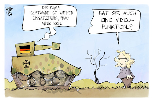 Cartoon: Puma-Software (medium) by Kostas Koufogiorgos tagged karikatur,koufogiorgos,panzer,puma,video,lambrecht,bundeswehr,militär,karikatur,koufogiorgos,panzer,puma,video,lambrecht,bundeswehr,militär