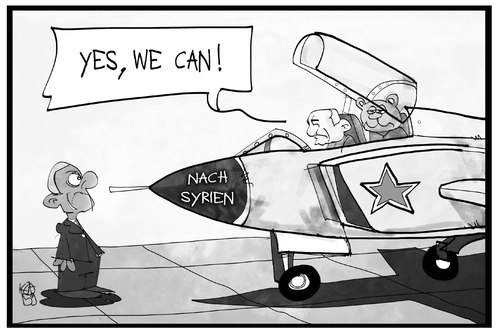 Cartoon: Putin in Syrien (medium) by Kostas Koufogiorgos tagged karikatur,koufogiorgos,illustration,cartoon,putin,assad,luftwaffe,flugzeug,bär,yes,we,can,obama,russland,syrien,krieg,konflikt,is,karikatur,koufogiorgos,illustration,cartoon,putin,assad,luftwaffe,flugzeug,bär,yes,we,can,obama,russland,syrien,krieg,konflikt,is