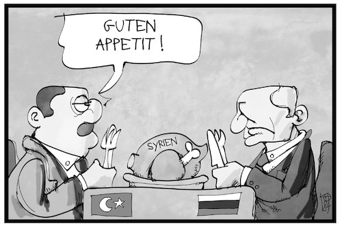 Cartoon: Putin und Erdogan (medium) by Kostas Koufogiorgos tagged karikatur,koufogiorgos,illustration,cartoon,erdogan,putin,syrien,essen,appetit,tuerkei,russland,konflikt,konferenz,karikatur,koufogiorgos,illustration,cartoon,erdogan,putin,syrien,essen,appetit,tuerkei,russland,konflikt,konferenz