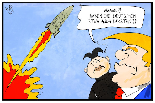 Cartoon: Rakete Wirtschaft (medium) by Kostas Koufogiorgos tagged karikatur,koufogiorgos,illustration,cartoon,wirtschaft,deutschland,usa,nordkorea,trump,kim,jong,un,rakete,waffe,wirtschaftskraft,wachstum,karikatur,koufogiorgos,illustration,cartoon,wirtschaft,deutschland,usa,nordkorea,trump,kim,jong,un,rakete,waffe,wirtschaftskraft,wachstum