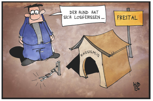 Cartoon: Rassismus (medium) by Kostas Koufogiorgos tagged karikatur,koufogiorgos,illustration,cartoon,freital,sachsen,asylbewerber,flüchtlinge,heim,unterkunft,rassismus,hund,hütte,kette,politik,pegida,karikatur,koufogiorgos,illustration,cartoon,freital,sachsen,asylbewerber,flüchtlinge,heim,unterkunft,rassismus,hund,hütte,kette,politik,pegida