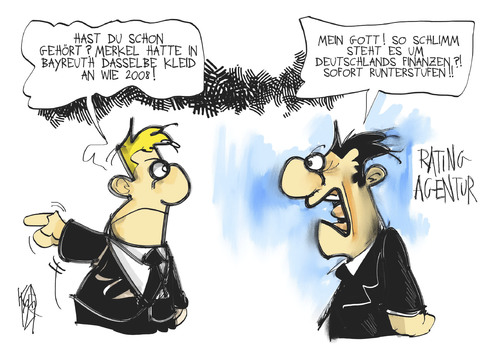 Cartoon: Rating-Agenturen (medium) by Kostas Koufogiorgos tagged rating,agentur,merkel,bayreuth,kleid,sparen,deutschland,karikatur,kostas,koufogiorgos