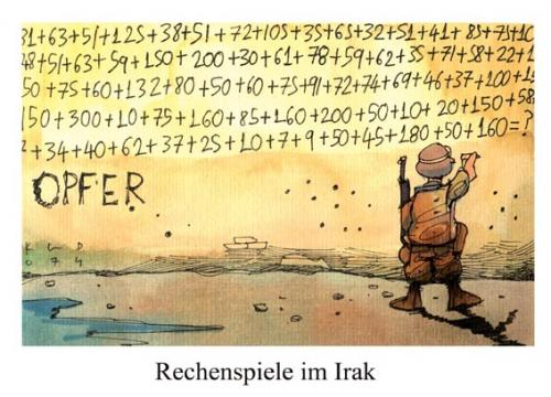 Cartoon: Rechenspiele (medium) by Kostas Koufogiorgos tagged irak,krieg,usa,befreiung,besatzung,irak,krieg,usa,us army,us,army,soldat,opfer,zahlen,rechnung,rechenspiel,gleichung,mathe,mathematik,tot,weltpolitik,george bush,george,bush,demokratie,demokratisierung