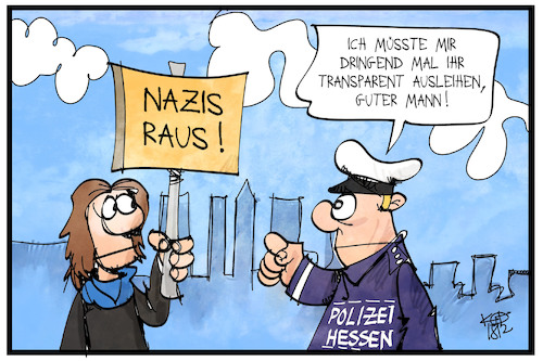 Cartoon: Rechtsextreme Polizisten (medium) by Kostas Koufogiorgos tagged karikatur,koufogiorgos,illustration,cartoon,polizei,hessen,demonstrant,nazis,transparent,plakat,schild,rechtsextremismus,netzwerk,nsu,karikatur,koufogiorgos,illustration,cartoon,polizei,hessen,demonstrant,nazis,transparent,plakat,schild,rechtsextremismus,netzwerk,nsu