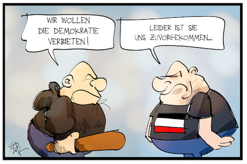 Cartoon: Rechtsextremismus (medium) by Kostas Koufogiorgos tagged karikatur,koufogiorgos,illustration,cartoon,rechtsextremismus,neonazi,demokratie,sturmbrigade,verbot,karikatur,koufogiorgos,illustration,cartoon,rechtsextremismus,neonazi,demokratie,sturmbrigade,verbot