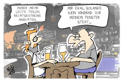 Cartoon: Rechtsextremismus (medium) by Kostas Koufogiorgos tagged karikatur,koufogiorgos,rechtsextremismus,pub,stammtisch,kneipe,windrad,karikatur,koufogiorgos,rechtsextremismus,pub,stammtisch,kneipe,windrad