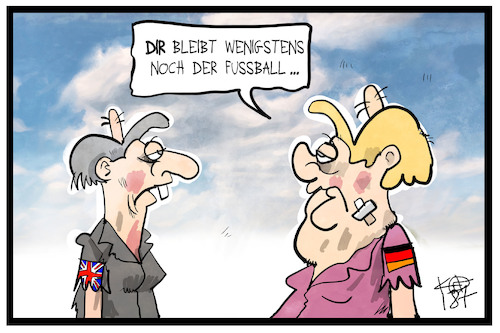 Cartoon: Regierungskrise UK (medium) by Kostas Koufogiorgos tagged karikatur,koufogiorgos,illustration,cartoon,uk,may,merkel,fussball,wm,angeschlagen,regierung,regierungskrise,karikatur,koufogiorgos,illustration,cartoon,uk,may,merkel,fussball,wm,angeschlagen,regierung,regierungskrise