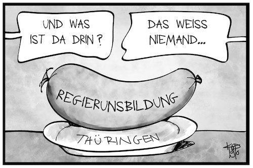 Cartoon: Regierungswurst Thüringen (medium) by Kostas Koufogiorgos tagged karikatur,koufogiorgos,illustration,cartoon,regierung,koalition,thueringen,landtagswahl,bratwurst,wurst,partei,demokratie,bündnis,karikatur,koufogiorgos,illustration,cartoon,regierung,koalition,thueringen,landtagswahl,bratwurst,wurst,partei,demokratie,bündnis