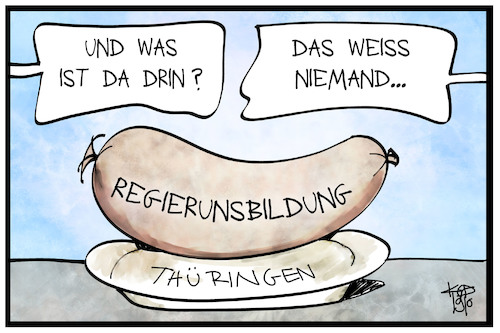 Cartoon: Regierungswurst Thüringen (medium) by Kostas Koufogiorgos tagged karikatur,koufogiorgos,illustration,cartoon,regierung,koalition,thueringen,landtagswahl,bratwurst,wurst,partei,demokratie,bündnis,karikatur,koufogiorgos,illustration,cartoon,regierung,koalition,thueringen,landtagswahl,bratwurst,wurst,partei,demokratie,bündnis