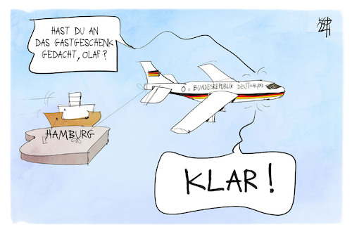 Cartoon: Reise nach China (medium) by Kostas Koufogiorgos tagged karikatur,koufogiorgos,china,scholz,hamburg,hafen,flugzeug,gastgeschenk,cosco,karikatur,koufogiorgos,china,scholz,hamburg,hafen,flugzeug,gastgeschenk,cosco