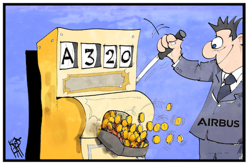 Cartoon: Rekordauftrag für Airbus (medium) by Kostas Koufogiorgos tagged karikatur,koufogiorgos,illustration,cartoon,airbus,wirtschaft,konzern,a320,flugzeug,geld,jackpot,auftrag,gewinn,umsatz,karikatur,koufogiorgos,illustration,cartoon,airbus,wirtschaft,konzern,a320,flugzeug,geld,jackpot,auftrag,gewinn,umsatz