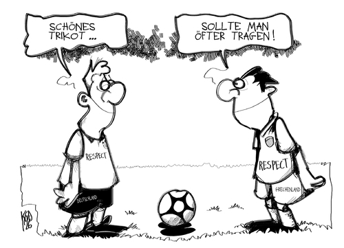 Cartoon: Respect (medium) by Kostas Koufogiorgos tagged griechenland,deutschland,fussball,em,europa,meisterschaft,soccer,championship,respect,match,greece,germany,euro,danzig,fußball,em 2012,euro 2012,viertelfinale,deutschland,griechenland,merkel,em,2012,euro