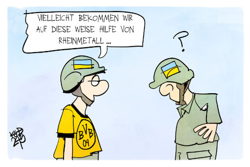 Cartoon: Rheinmetall und BVB (medium) by Kostas Koufogiorgos tagged karikatur,koufogiorgos,bvb,rheinmetall,sponsor,krieg,ukraine,soldat,trikot,karikatur,koufogiorgos,bvb,rheinmetall,sponsor,krieg,ukraine,soldat,trikot