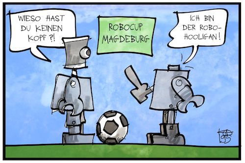 Cartoon: RoboCup (medium) by Kostas Koufogiorgos tagged karikatur,koufogiorgos,illustration,cartoon,robocup,roboter,hooligan,fussball,sport,cyper,elektronik,digital,digitalisierung,karikatur,koufogiorgos,illustration,cartoon,robocup,roboter,hooligan,fussball,sport,cyper,elektronik,digital,digitalisierung