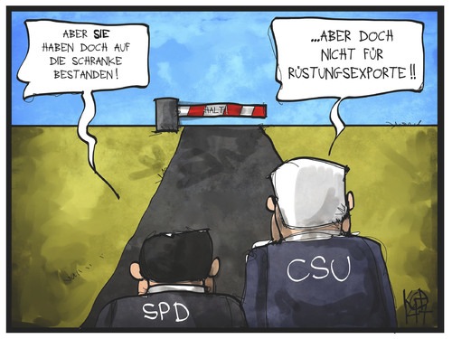 Cartoon: Rüstungsexporte (medium) by Kostas Koufogiorgos tagged karikatur,koufogiorgos,illustration,cartoon,csu,spd,rüstungsindustrie,rüstungsexporte,schranke,beschränkung,politik,wirtschaft,karikatur,koufogiorgos,illustration,cartoon,csu,spd,rüstungsindustrie,rüstungsexporte,schranke,beschränkung,politik,wirtschaft