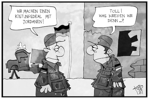 Cartoon: Rüstungsgüter für Jordanien (medium) by Kostas Koufogiorgos tagged karikatur,koufogiorgos,illustration,cartoon,rüstungsgüter,rüstungsdeal,jordanien,bundeswehr,soldaten,militär,karikatur,koufogiorgos,illustration,cartoon,rüstungsgüter,rüstungsdeal,jordanien,bundeswehr,soldaten,militär