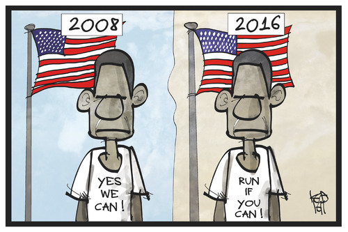 Cartoon: Run if you can (medium) by Kostas Koufogiorgos tagged karikatur,koufogiorgos,illustration,cartoon,obama,slogan,präsident,usa,politik,karikatur,koufogiorgos,illustration,cartoon,obama,slogan,präsident,usa,politik