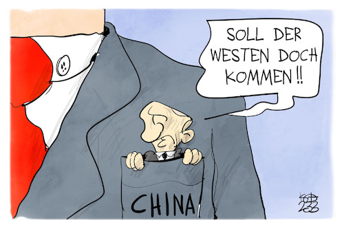 Cartoon: Russland und China (medium) by Kostas Koufogiorgos tagged koufogiorgos,karikatur,russland,china,xi,putin,tasche,westen,weltmacht,koufogiorgos,karikatur,russland,china,xi,putin,tasche,westen,weltmacht