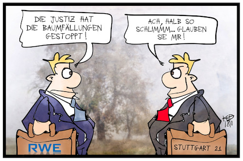 Cartoon: RWE und S21 (medium) by Kostas Koufogiorgos tagged karikatur,koufogiorgos,illustration,cartoon,rwe,s21,stuttgart,schlossgarten,hambacherf,forst,wald,baum,fällung,rodung,braunkohle,bahn,energie,bahnhof,justiz,korruption,protest,karikatur,koufogiorgos,illustration,cartoon,rwe,s21,stuttgart,schlossgarten,hambacherf,forst,wald,baum,fällung,rodung,braunkohle,bahn,energie,bahnhof,justiz,korruption,protest