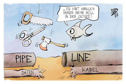 Cartoon: Sabotage in der Ostsee (medium) by Kostas Koufogiorgos tagged karikatur,koufogiorgos,ostsee,fisch,sabotage,axt,säge,pipeline,datenkabel,müll,karikatur,koufogiorgos,ostsee,fisch,sabotage,axt,säge,pipeline,datenkabel,müll