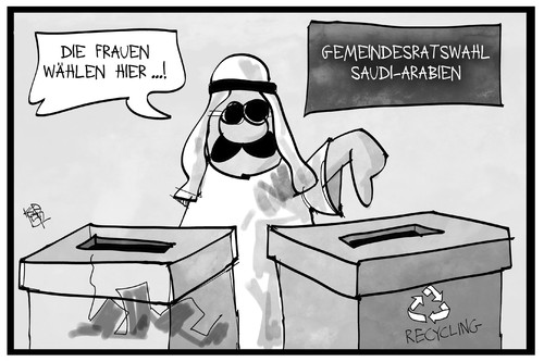 Cartoon: Saudi-Arabien (medium) by Kostas Koufogiorgos tagged karikatur,koufogiorgos,illustration,cartoon,saudi,arabien,gleichberechtigung,wahl,frau,müll,recycling,betrug,menschenrecht,karikatur,koufogiorgos,illustration,cartoon,saudi,arabien,gleichberechtigung,wahl,frau,müll,recycling,betrug,menschenrecht